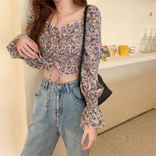 Puff-sleeve Floral Print Drawstring Cropped Blouse