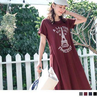 Short Sleeve Round Neck Letter Print Midi T-shirt Dress
