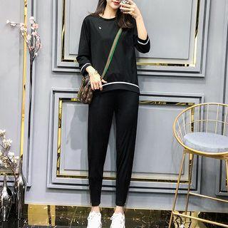 Set: Contrast Trim Pullover + Plain Sweatpants