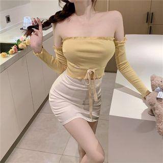 Long-sleeve Off Shoulder T-shirt / Mini Pencil Skirt