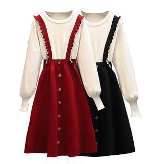 Mock Two-piece Long-sleeve Frill Trim Knit A-line Dress