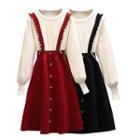 Mock Two-piece Long-sleeve Frill Trim Knit A-line Dress