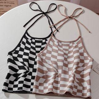 Checkerboard Knit Halter Top