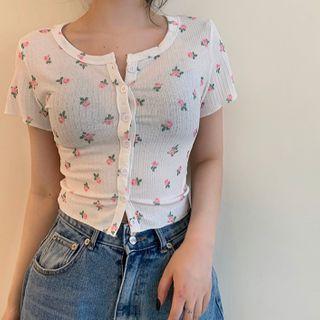 Flower Print Short-sleeve Knit Top White - One Size