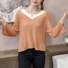 Mock Two-piece 3/4-sleeve Cold-shoulder Sweater