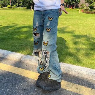 Butterfly Embroidered Distressed Loose Fit Jeans