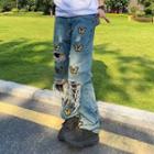 Butterfly Embroidered Distressed Loose Fit Jeans