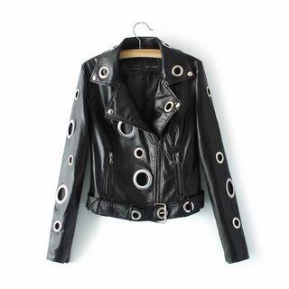 Irregular Eyelet Faux Leather Biker Jacket