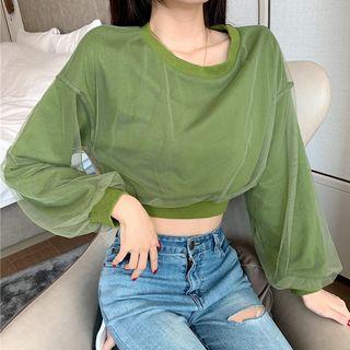 Mesh Panel Cropped Pullover Green - One Size