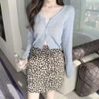 Pointelle Knit Cardigan / Leopard Print Mini A-line Skirt