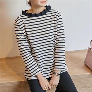 Pleated-collar Stripe T-shirt