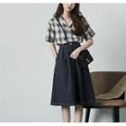 Set: Short-sleeve Plaid Shirt + Denim A-line Skirt