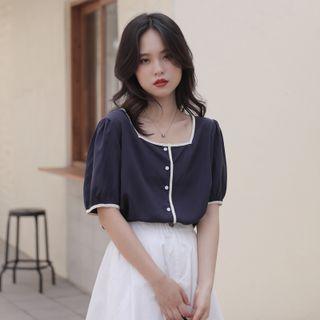 Square-neck Contrast Trim Blouse