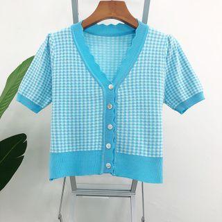 Short Sleeve Plaid Crop Buttoned Cardigan