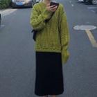 Long-sleeve Cable Knit Sweater / High-waist Plain Skirt