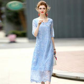 3/4-sleeve Embroidery Midi Dress