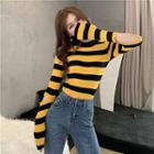 Elbow-cutout Striped Ribbed Knit Top