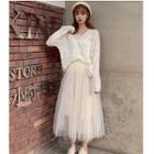 Flower Detail Crochet Knit Long-sleeve Top / Mesh Midi A-line Skirt