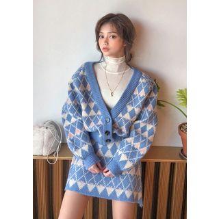 Cardigan & Miniskirt Argyle Knit Set