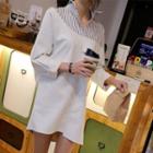 Long-sleeve Striped Panel Dress White - One Size