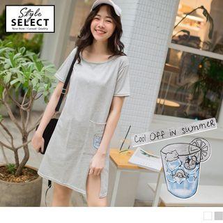 Slit-side Printed Short-sleeve Long Top