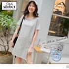 Slit-side Printed Short-sleeve Long Top