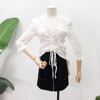 Lace-trim Drawstring Light Blouse White - One Size