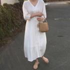 Semi Sleeve V-neck Striped Elastic-waist Dress