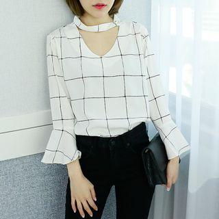 Choker-neck Graph-check Blouse