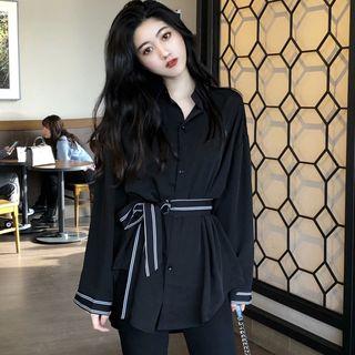 Long-sleeve Plain Shirt Dress With Striped Sash
