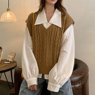 Plain Puff-sleeve Blouse / Cable-knit V-neck Vest