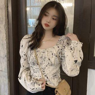 Puff-sleeve Square Neck Marble Print Cropped Blouse