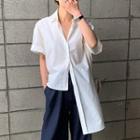 Plain Short-sleeve Asymmetric Shirt White - One Size
