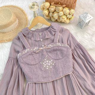 Set: Bell-sleeve Blouse + Lace-up Midi A-line Overall Dress