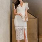 Lace Panel Short-sleeve Midi Sheath Dress