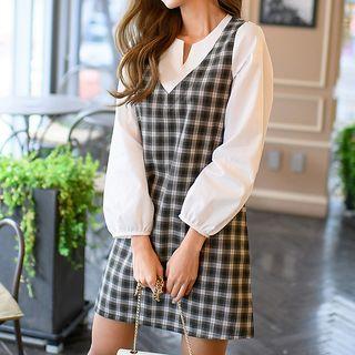 Split Neck Plaid Panel Long Sleeve Dress