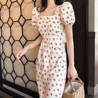 Cherry Print Short-sleeve Midi Sheath Dress