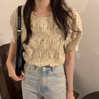 Dotted Short-sleeve Blouse Almond - One Size