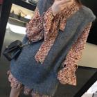 Long-sleeve Floral Print Mini A-line Dress / Sweater Vest