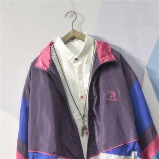 Letter Embroidered Color Block Zip Jacket