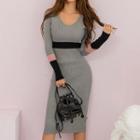 Long-sleeve Color Block Knit Sheath Dress Gray - One Size