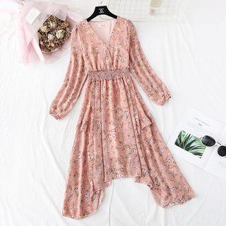 V-neck Ruffle Trim Floral Chiffon Dress