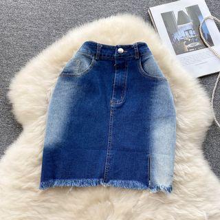 High-waist Color Panel A-line Denim Skirt