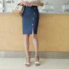 Button-trim Denim Midi Pencil Skirt