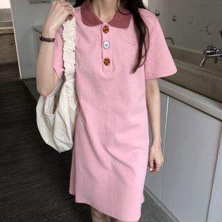 Elbow-sleeve Polo-neck Sheath Dress
