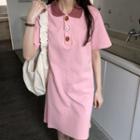 Elbow-sleeve Polo-neck Sheath Dress