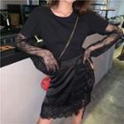 Mock Two-piece Long-sleeve Lace Paneled T-shirt / A-line Mini Skirt