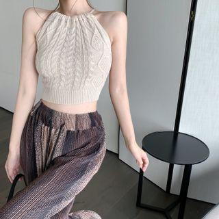 Halter Cable Knit Cropped Camisole Top Camisole Top - Off-white - One Size