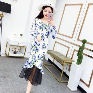 Long-sleeve Floral Mesh Panel Midi Sheath Dress