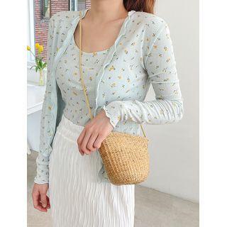 Set: Open-front Floral Cardigan + Camisole